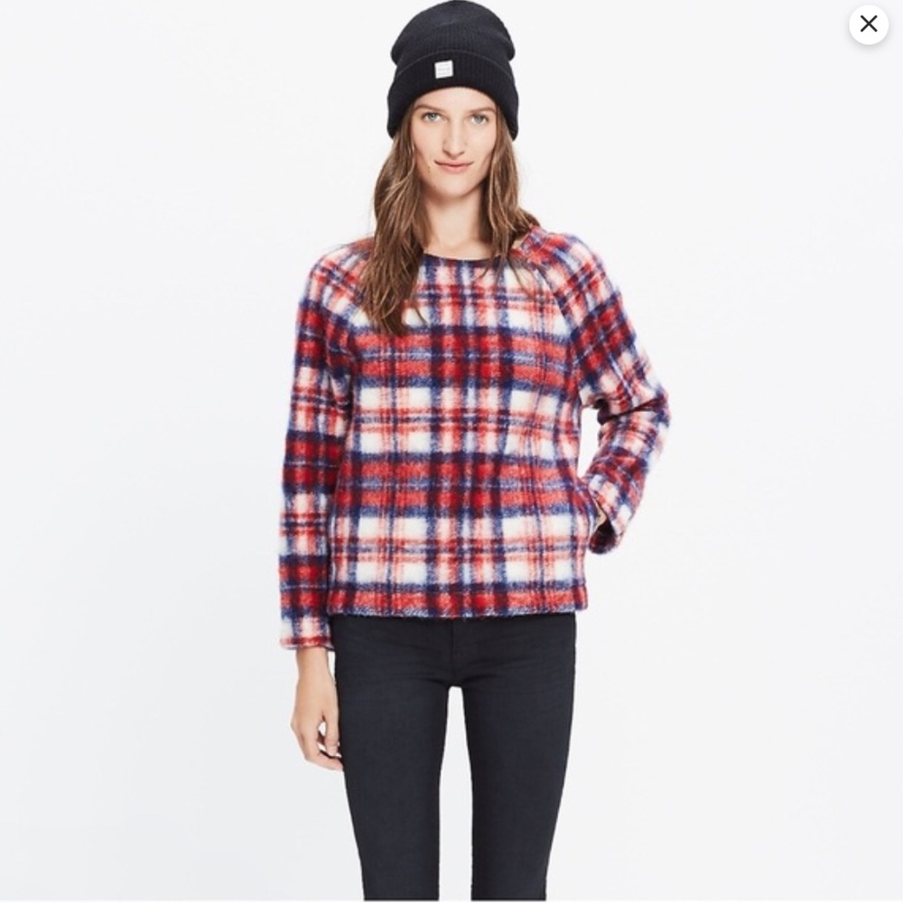 Madewell Nicolette Plaid Wool Blend Popover Top XS Red Navy Pockets Brushed